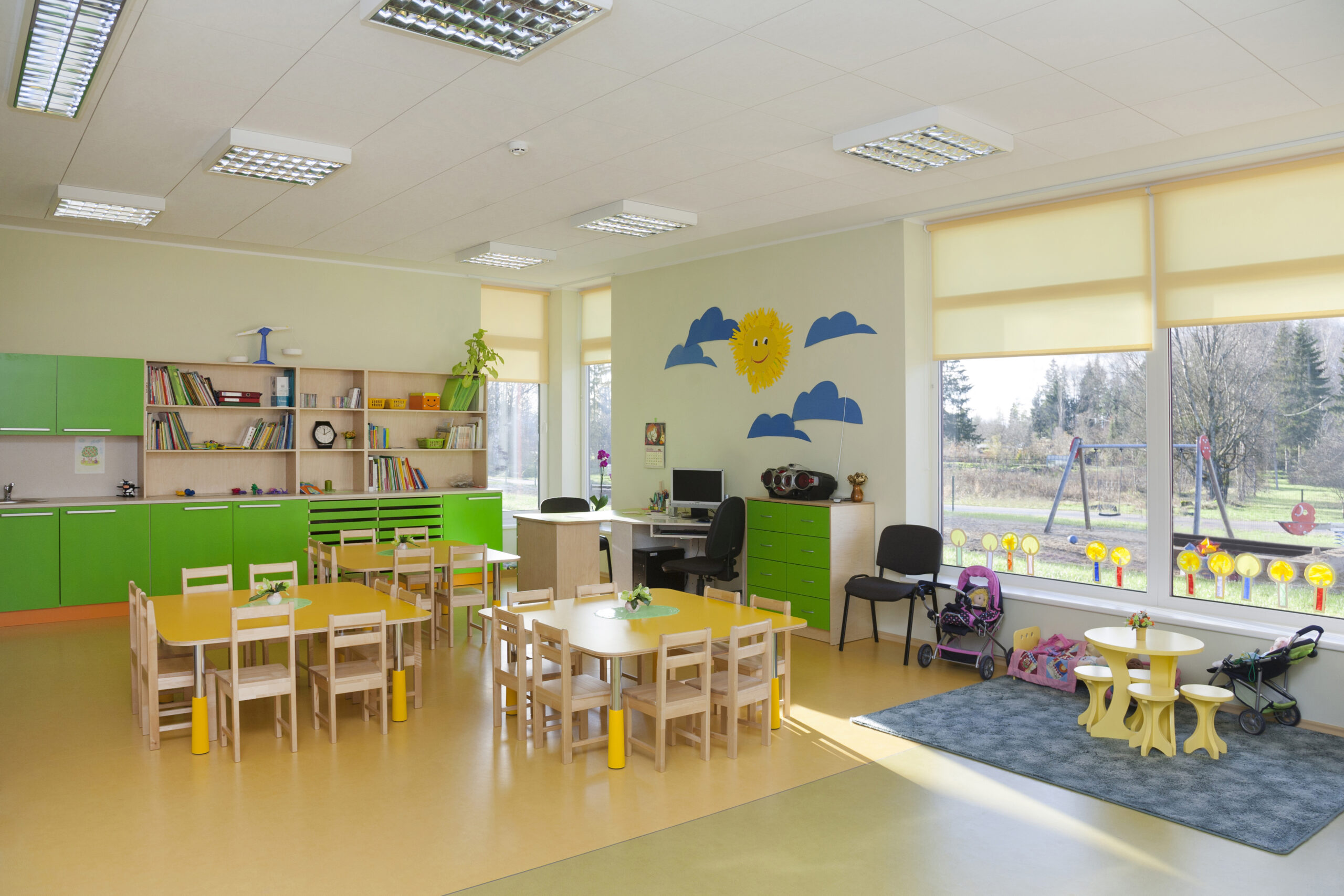 Day care nursery or pre-school kindergarten school, spacious interiors, classroom