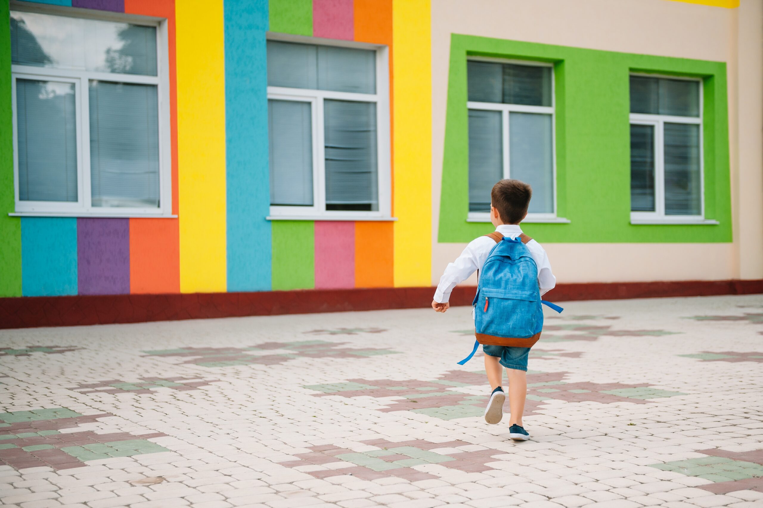 Little boy going back to school. Child with backpack and books on first school day. Back view. School concept. Back to school